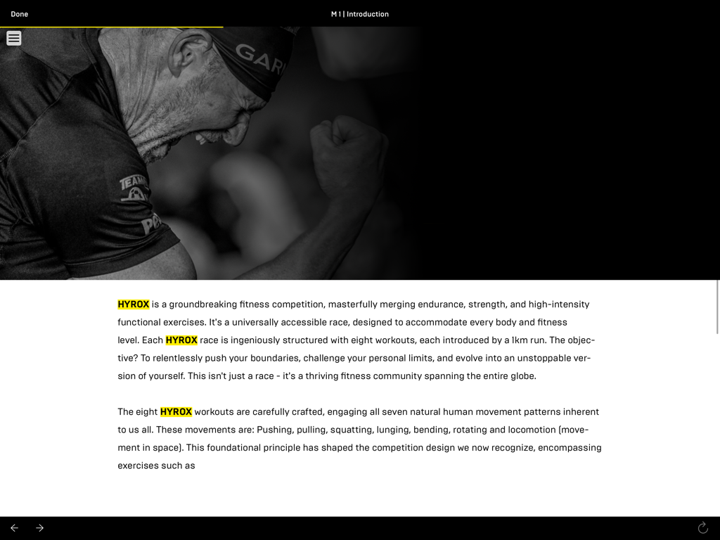 HYROX Academy for iPad - Introduction module of the HYROX Academy iPad app describing the fitness competition and movement patterns.