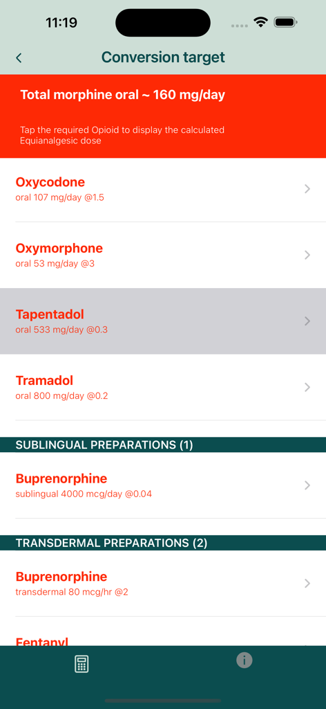 Opioid Calculator mobile app screen showing morphine equivalent daily dose conversions for various opioids
