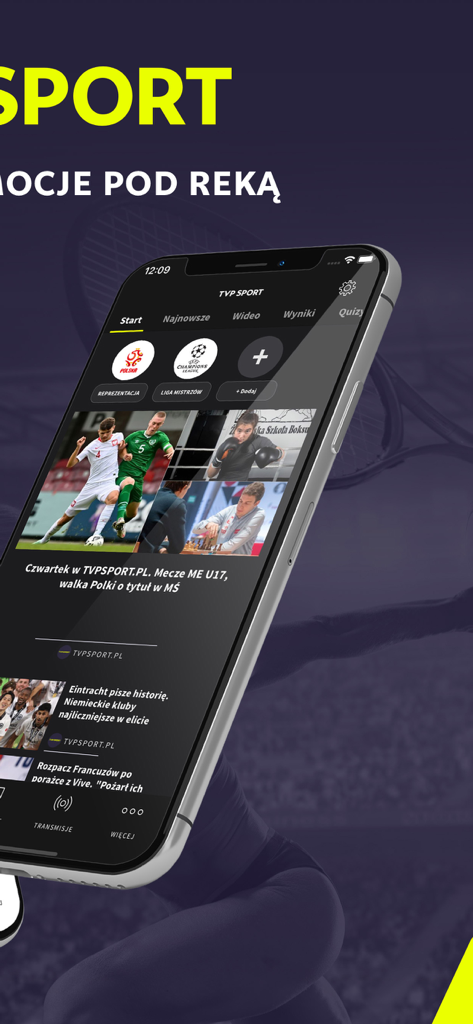 Smartphone screen showing the TVP Sport app with Polish sports news and football matches