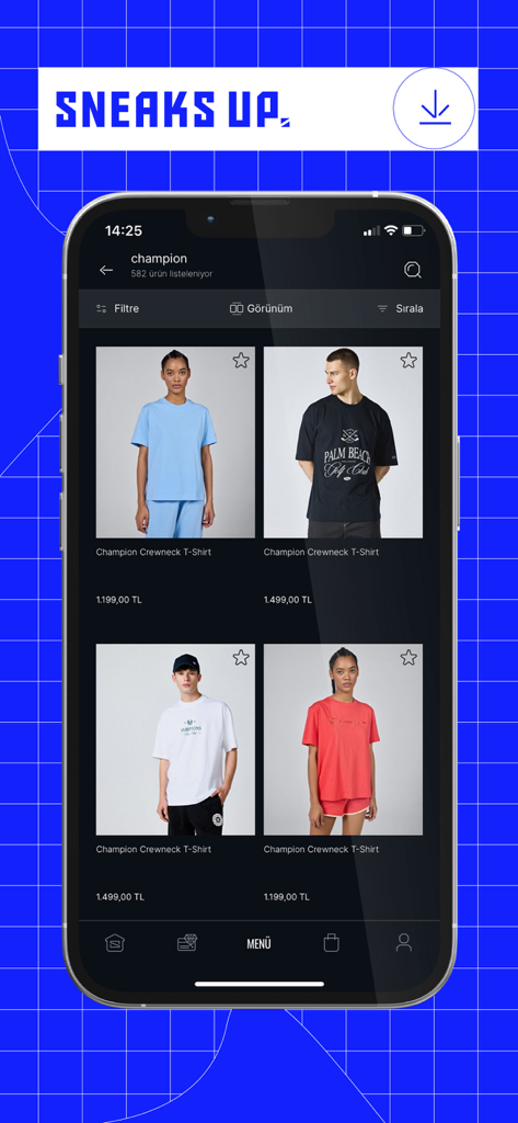 Interface de l'application mobile Sneaks Up montrant une liste de produits de t-shirts à col rond de la marque Champion