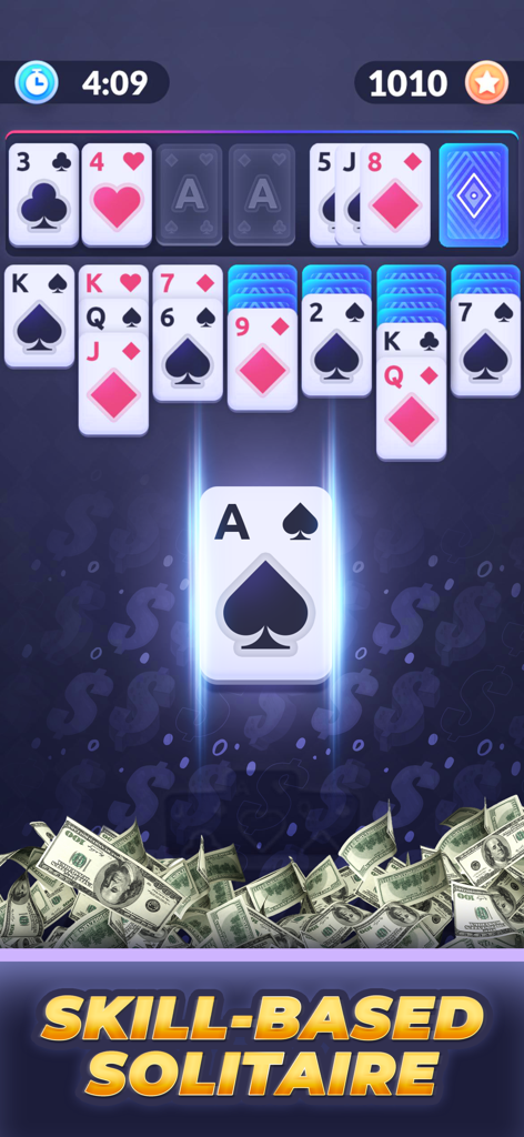 Skill-based solitaire game screen with a timer and piles of cash at the bottom