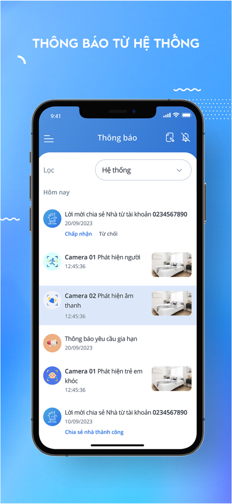 ONE Home - Pantalla de notificaciones de la aplicación inteligente para el hogar ONE Home mostrando alertas de seguridad de la cámara y actualizaciones de dispositivos.