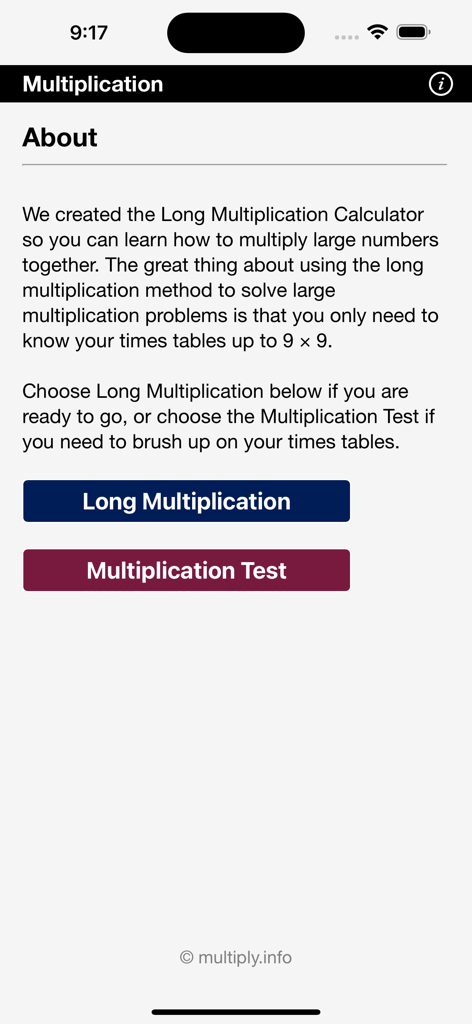 La pantalla Acerca de de la aplicación Calculadora de Multiplicación Larga con botones para Multiplicación Larga y Prueba de Multiplicación