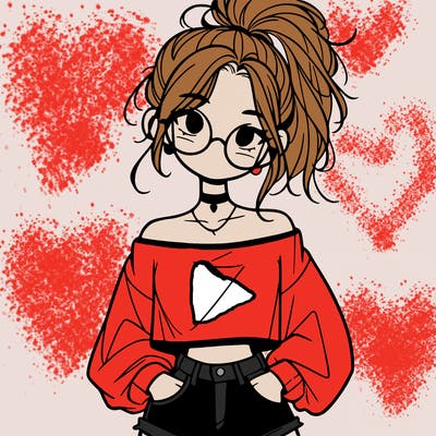 girl with a messy ponytail glasses a baggy crop top and jean shorts