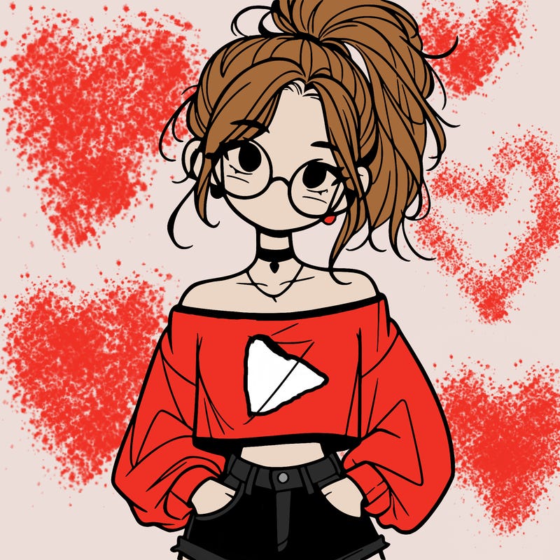 girl with a messy ponytail glasses a baggy crop top and jean shorts