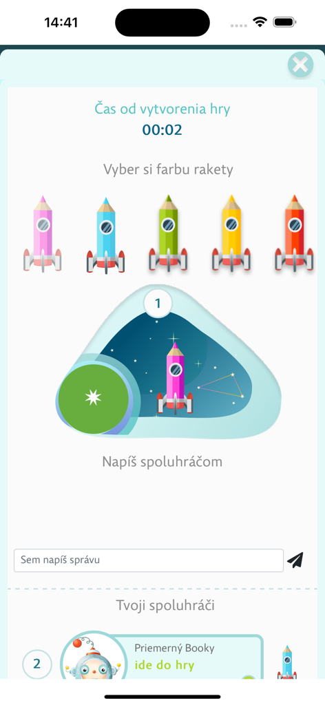 Interaktiver Spielbildschirm in der Smartbooks-App mit bunten Stift-Raketen-Avataren zur Auswahl des Schülers.