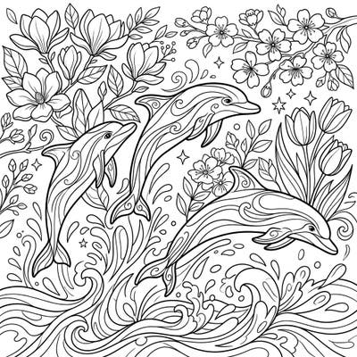 Celebrate the vibrant energy of spring with this captivating coloring page featuring three playful dolphins. Watch them leap gracefully from the ocean waves, surrounded by a lush tapestry of blooming flowers.