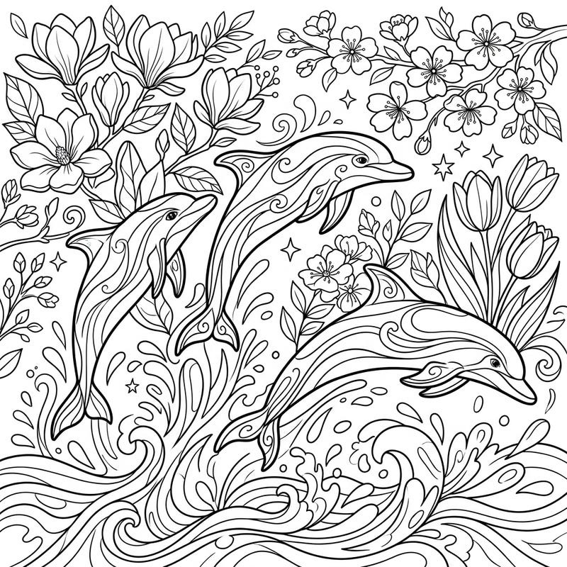 Celebrate the vibrant energy of spring with this captivating coloring page featuring three playful dolphins. Watch them leap gracefully from the ocean waves, surrounded by a lush tapestry of blooming flowers.
