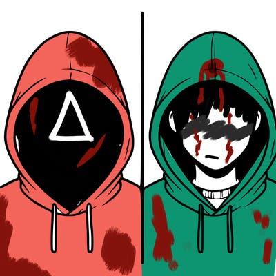 a person with a hoodie and no face, the drawing is split in 2
