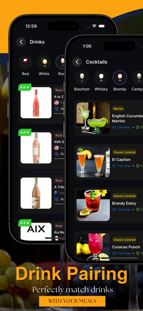 EAT app interface showing wine and cocktail recommendations for drink pairing with meals