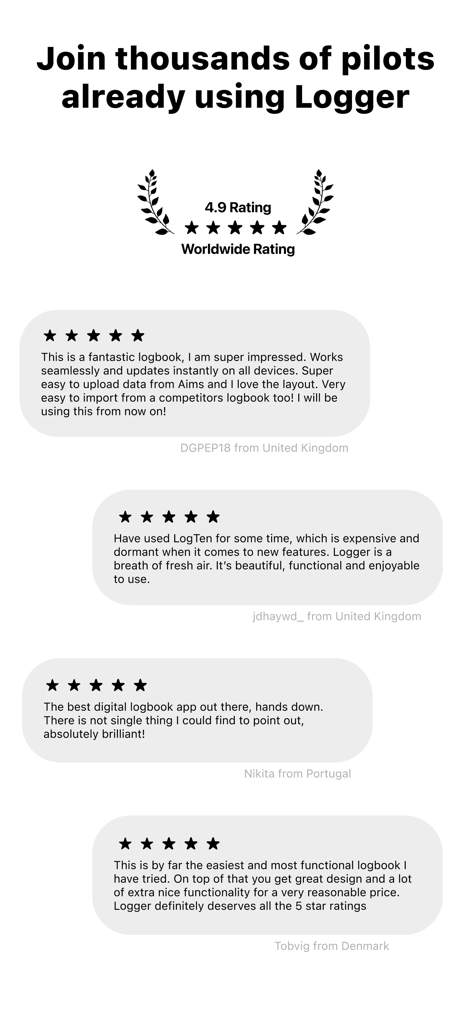 A page showing 5-star user reviews and a 4.9 worldwide rating for the Pilot Logbook Logger app.