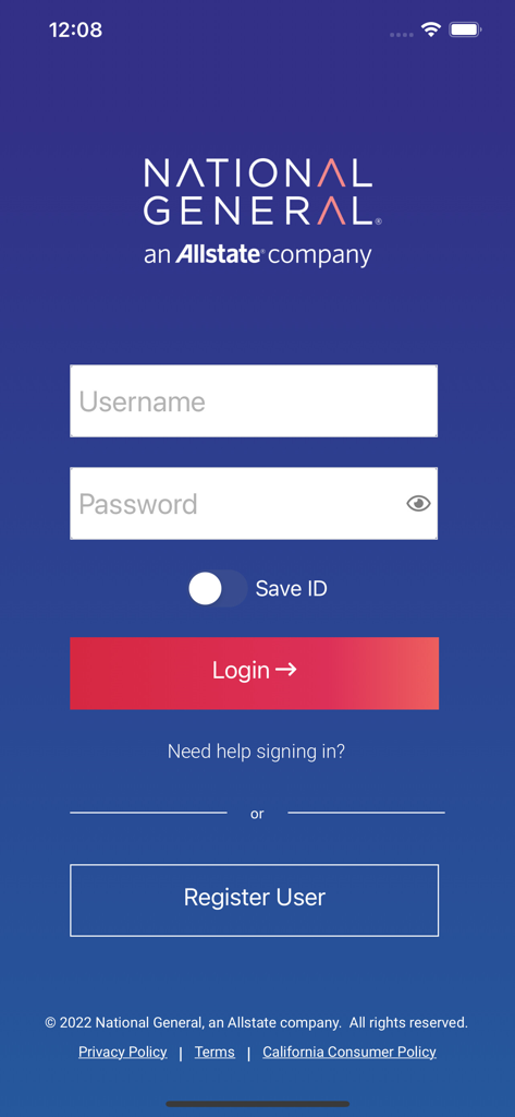 National General - Login screen for National General insurance app featuring username and password fields with a register button