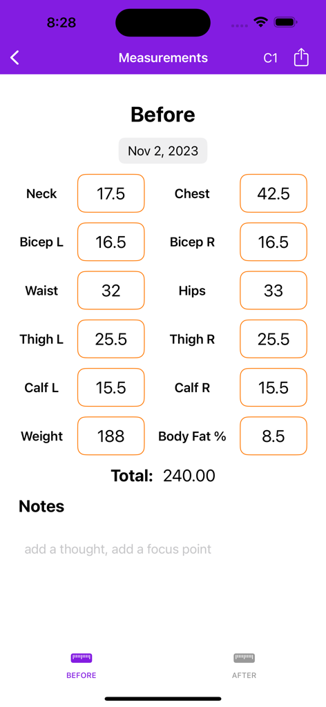 Pantalla de seguimiento de medidas corporales antes en la aplicación 21 Day Slimple que muestra estadísticas de cuello, pecho, bíceps, cintura, caderas, muslos, pantorrillas y peso.
