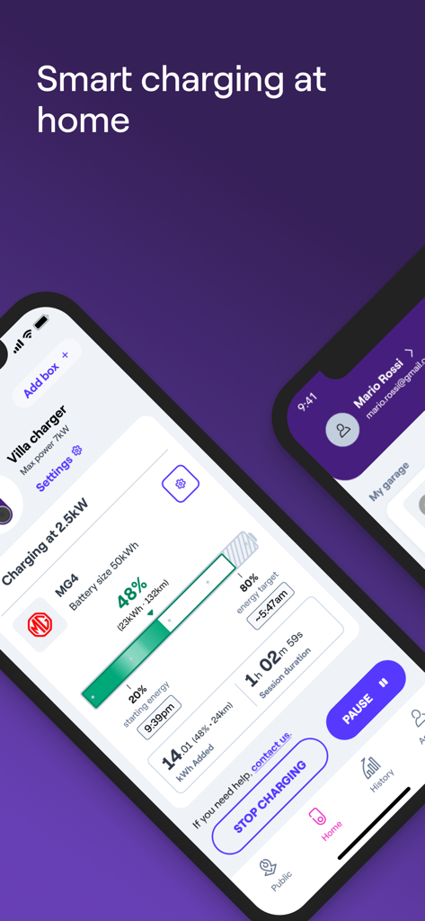 Interfaccia dell'app mobile Enel X Way che mostra lo stato di ricarica domestica in tempo reale, la percentuale della batteria e il consumo di energia per un veicolo elettrico MG4.