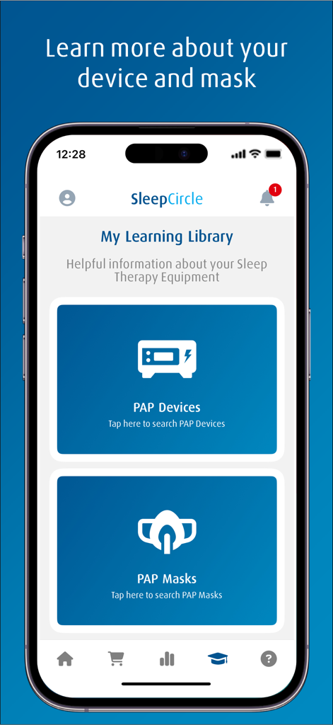 SleepCircle - SleepCircle app interface showing the My Learning Library screen for PAP devices and masks