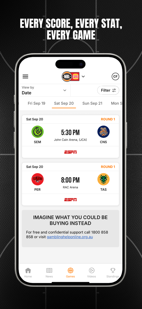 NBL mobile app showing the basketball game schedule and match times