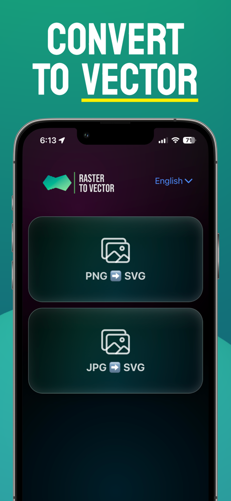 PNG to SVG: Vector Converter - Startbildschirm der PNG zu SVG Vektorkonverter-App mit Optionen zur Konvertierung von PNG- und JPG-Dateien in das SVG-Format.