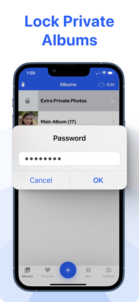 SV - Private Photo Vault PRO - A smartphone screen showing a password prompt to unlock private photo albums in the SV app.