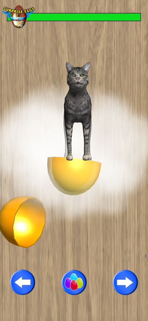 Surprise Eggs for Boys & Girls - Uma surpresa de brinquedo de gato cinza revelada a partir de uma gema de ovo aberta em um jogo de desembalar virtual.