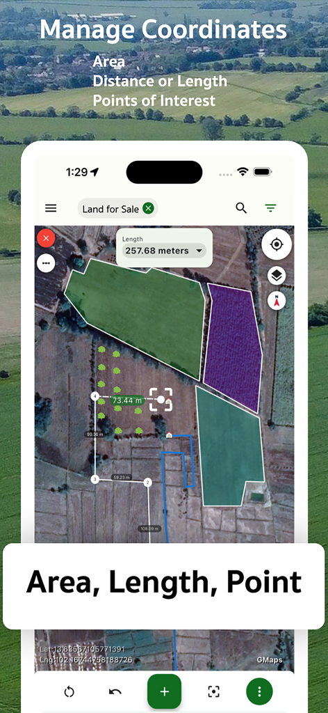 Area Measure & GIS GPS GMapper - A mobile app displaying geographical measurements and land coordinates on a satellite map.