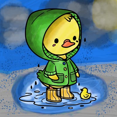 baby duck in a rain coat and boots, in a puddle while it’s raining