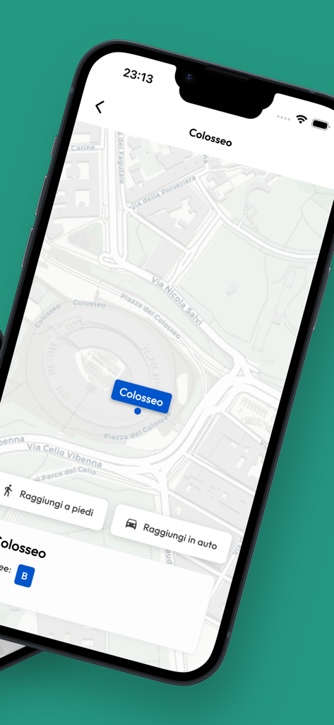 Kartenansicht der Metrostation Colosseo in Rom mit Fußgänger- und Fahrnavigationsoptionen.