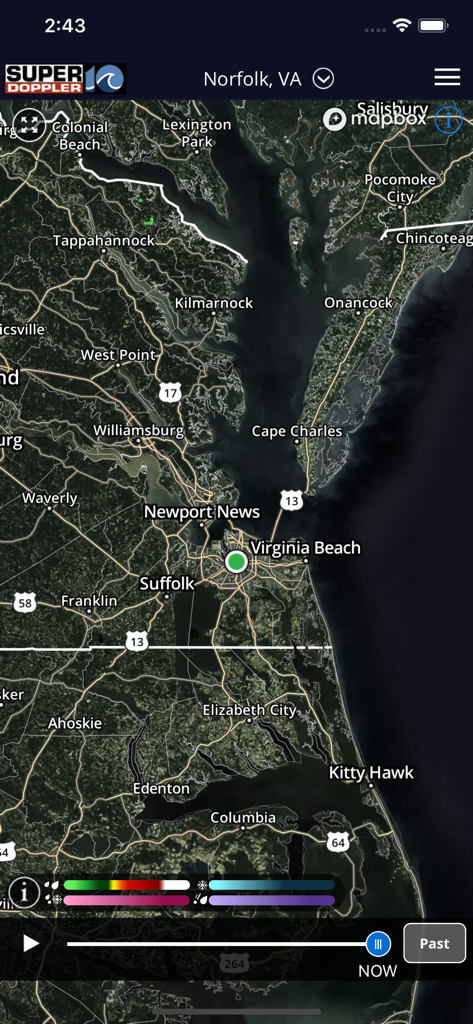WAVY Weather app displaying an interactive satellite radar map of Norfolk and Virginia Beach