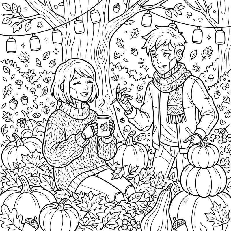 Discover a charming blend of technology and nature with our unique Androids in Autumn coloring page. Join these futuristic characters as they celebrate the cozy vibes of the fall season, surrounded by harvest delights.