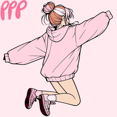 realistic girl jumping with a bun and oversized sweatshirt