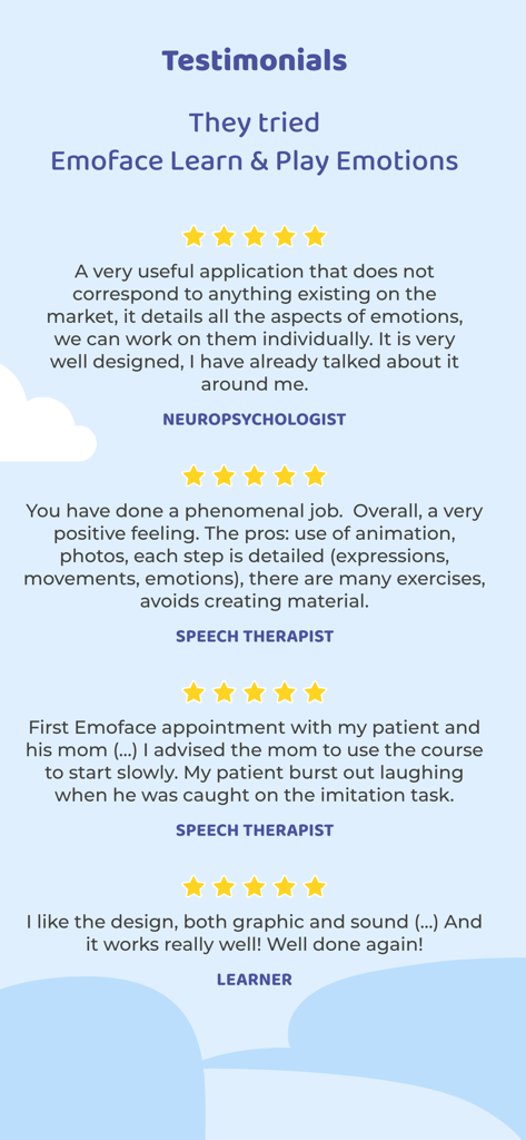 EMOFACE Play & Learn emotions - Five star reviews from a neuropsychologist speech therapist and learner for the Emoface app