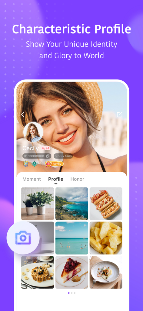 Hello Yo – Group Chat Rooms - User profile interface on Hello Yo app featuring a photo grid and social badges