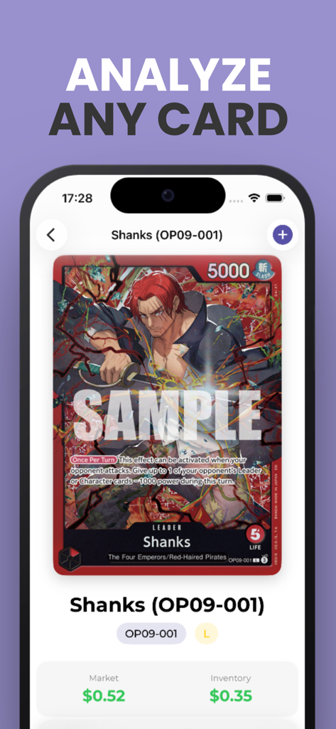 Nika TCG - Mobile app interface of Nika TCG analyzing a Shanks One Piece trading card with market prices