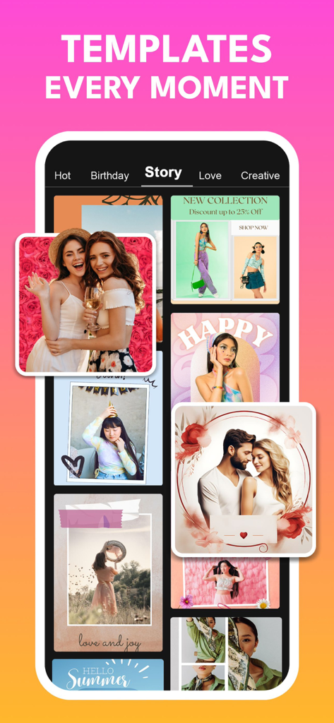 Pic Collage Maker - Photo Grid - Una galería de plantillas de historias para redes sociales dentro de la aplicación Pic Collage Maker con diversos diseños de fotos y temas creativos
