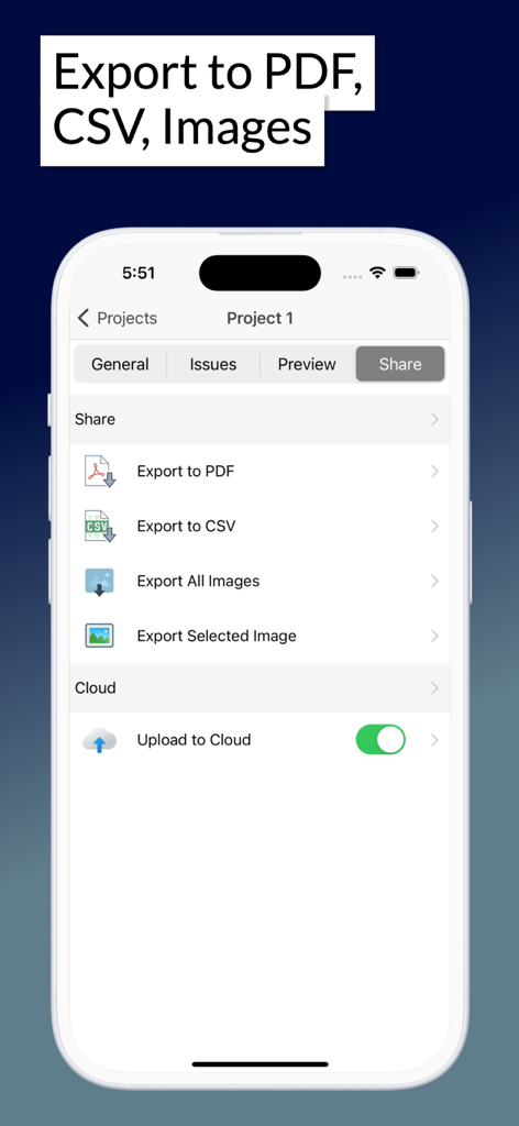 PDF、CSV、画像のエクスポートオプションが表示されたサイト監査アプリのインターフェース