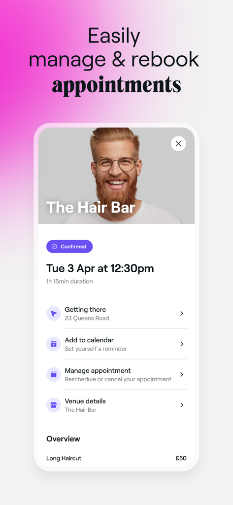 A mobile screen showing a confirmed haircut appointment at The Hair Bar with options to manage booking and get directions