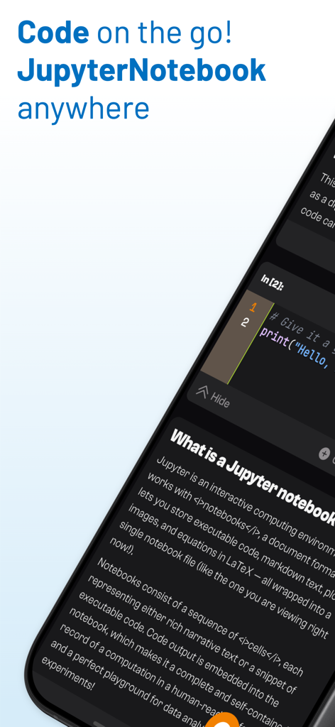 Mobile screen displaying JuNote app with a Python code cell and notebook explanation