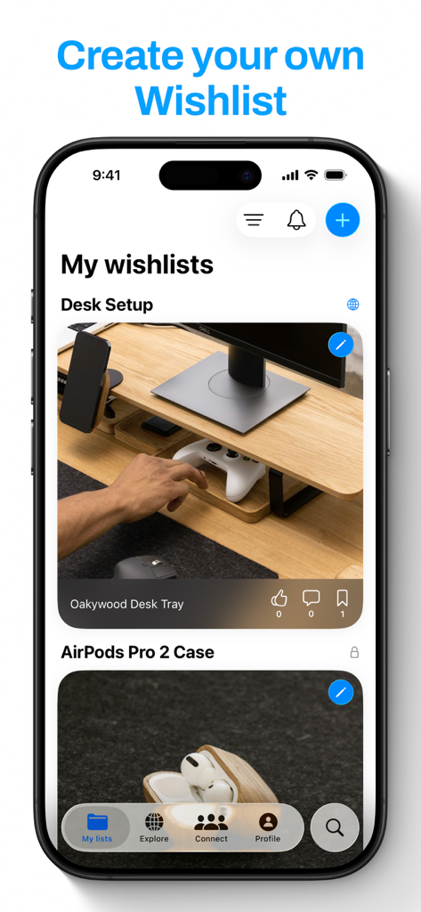Wishlist – Share & Discover - Interface of the Wishlist app showing personal curated lists for tech and desk accessories