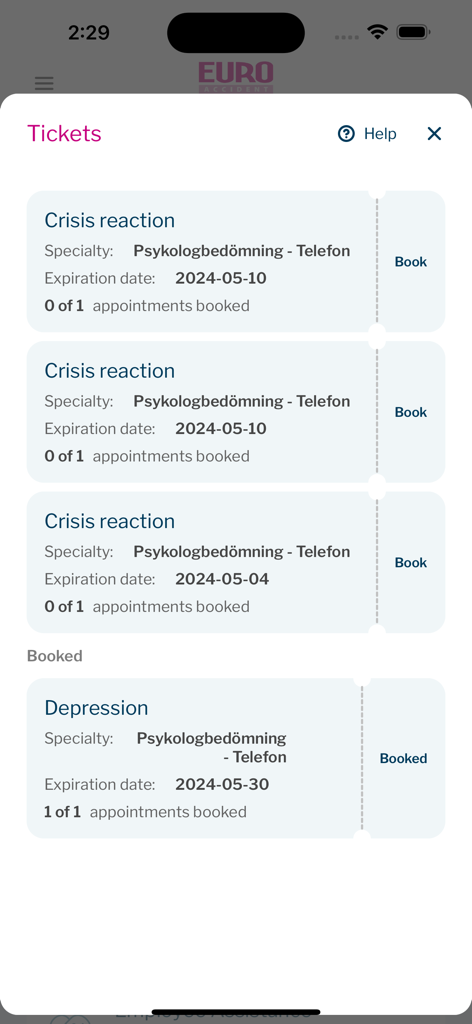 Euro Accident 2.0 - Euro Accident app interface displaying insurance tickets for booking psychological healthcare appointments