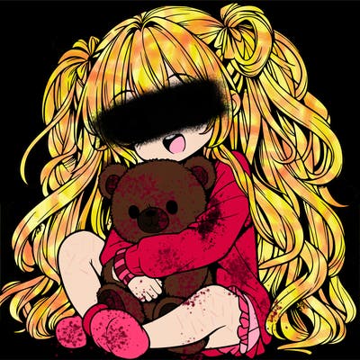 manga girl, long curly hair, happy, cuddling a teddy bear