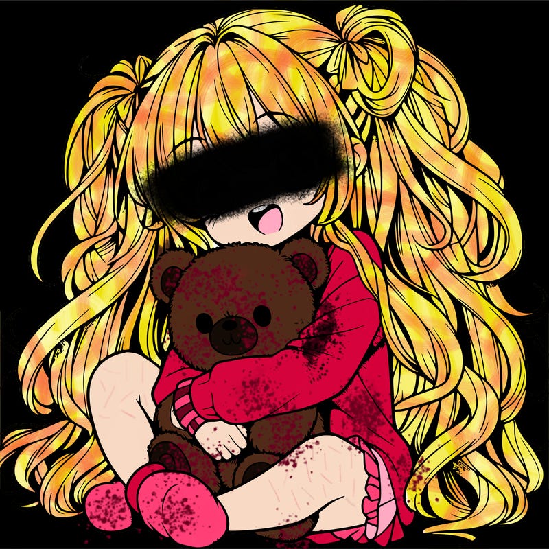 manga girl, long curly hair, happy, cuddling a teddy bear