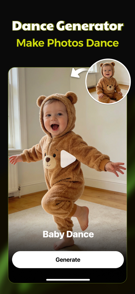PixLike: Photo & Video Editor - Tela do aplicativo PixLike mostrando o recurso de gerador de dança com IA para fotos