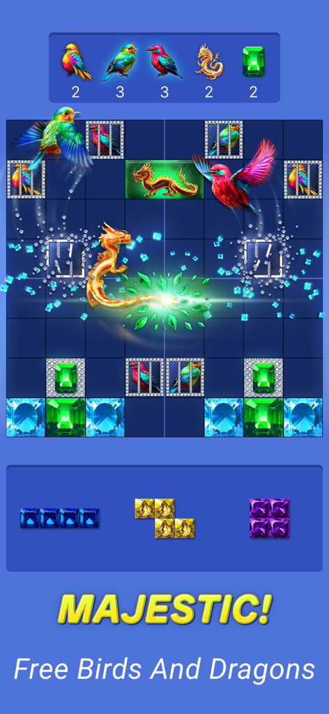 Jewelscape: Block Puzzle Game - Captura de pantalla del juego de puzles de bloques Jewelscape con coloridos pájaros y dragones dorados en una cuadrícula.