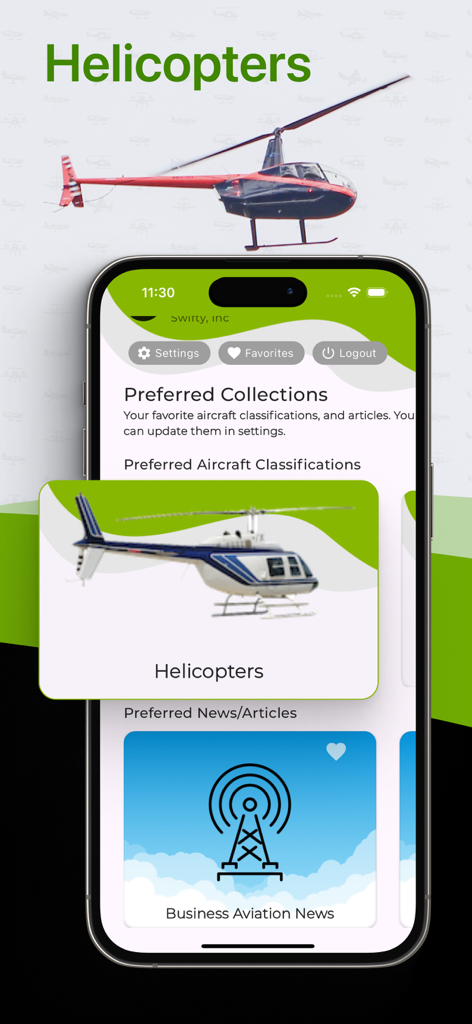 Screenshot of the BuyPlane app interface showing the helicopters aircraft category and business aviation news section.