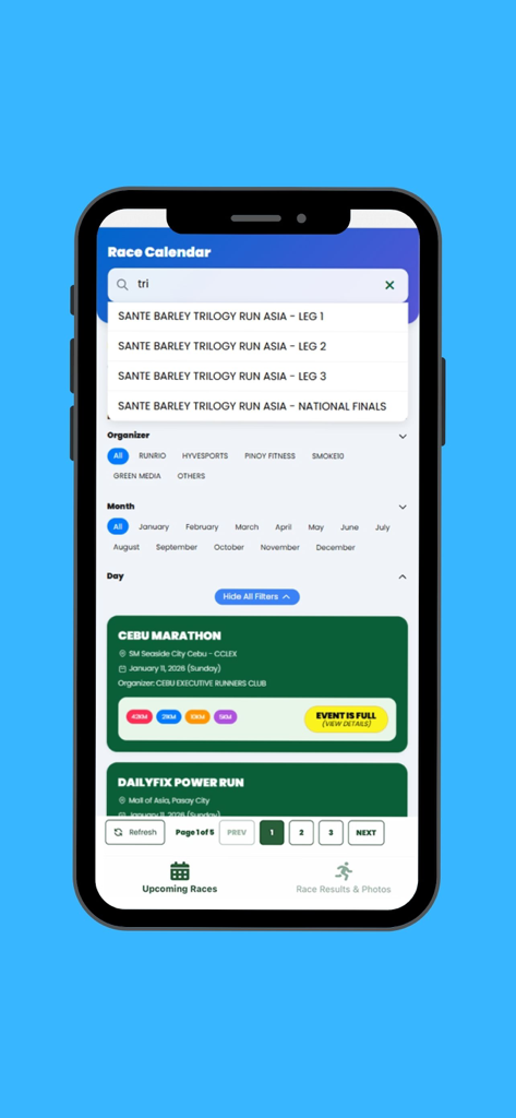 Screenshot of PixHero app showing the Race Calendar with search results and filters for upcoming running events.