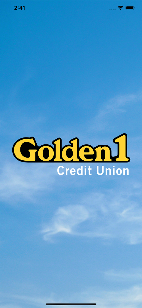 Golden 1 Credit Union mobile app splash screen with logo on a blue sky background
