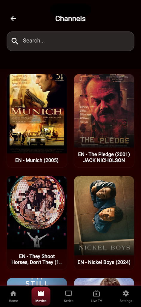 XCinemaTv - XCinemaTv app interface showing a list of movies with posters and search functionality