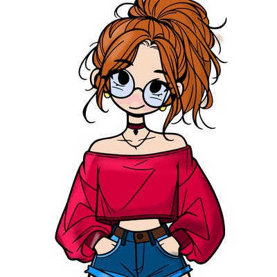 girl with a messy ponytail glasses a baggy crop top and jean shorts