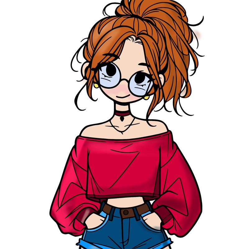 girl with a messy ponytail glasses a baggy crop top and jean shorts