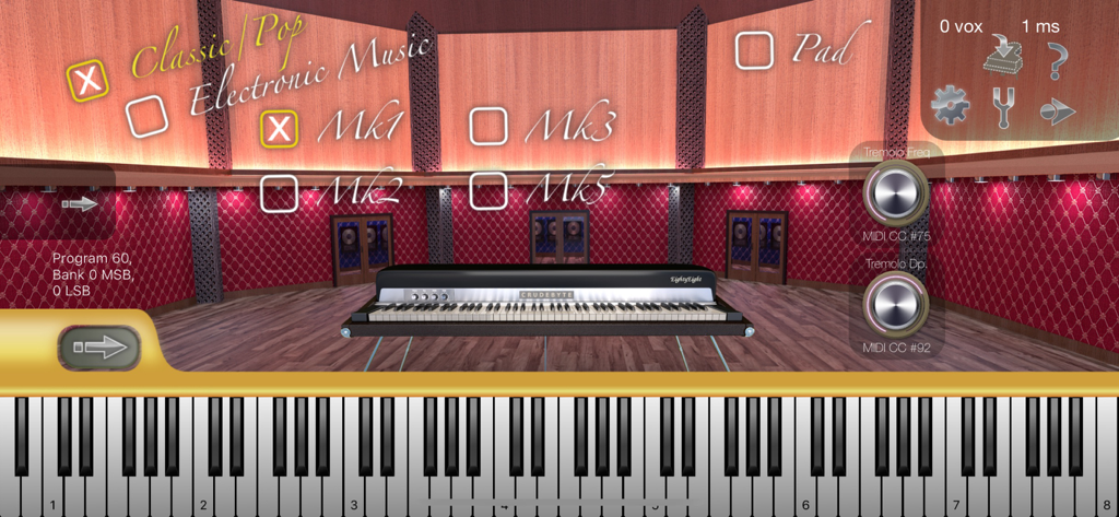 Colossus Piano - Interfaccia dell'app Colossus Piano che mostra la selezione del modello di pianoforte elettrico e la tastiera virtuale in un ambiente di studio