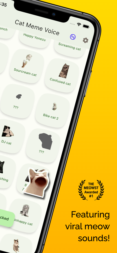 Cat Meme Voice: Meow anytime! - A smartphone showing the Cat Meme Voice app interface with various viral cat sound icons